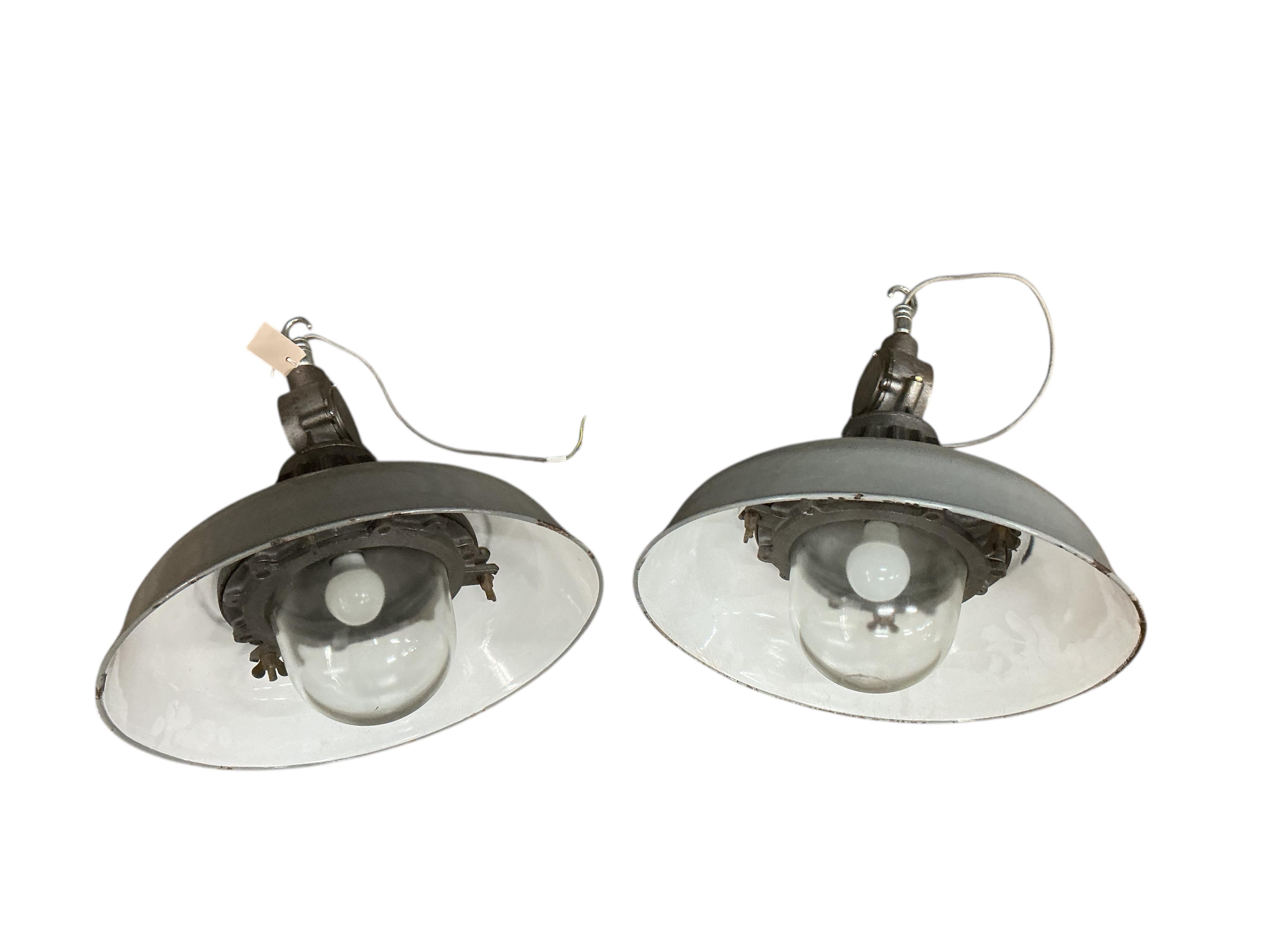 A pair of vintage GEC grey enamel pendant ceiling lights, diameter 44cm, height 48cm
